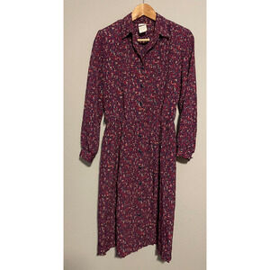 Vintage Womens Dress Size 10 Petite Burgundy Abstract Pleated Button Up Prairie